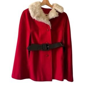 Vtg red belted cape lined coat w/notched faux fur collar
